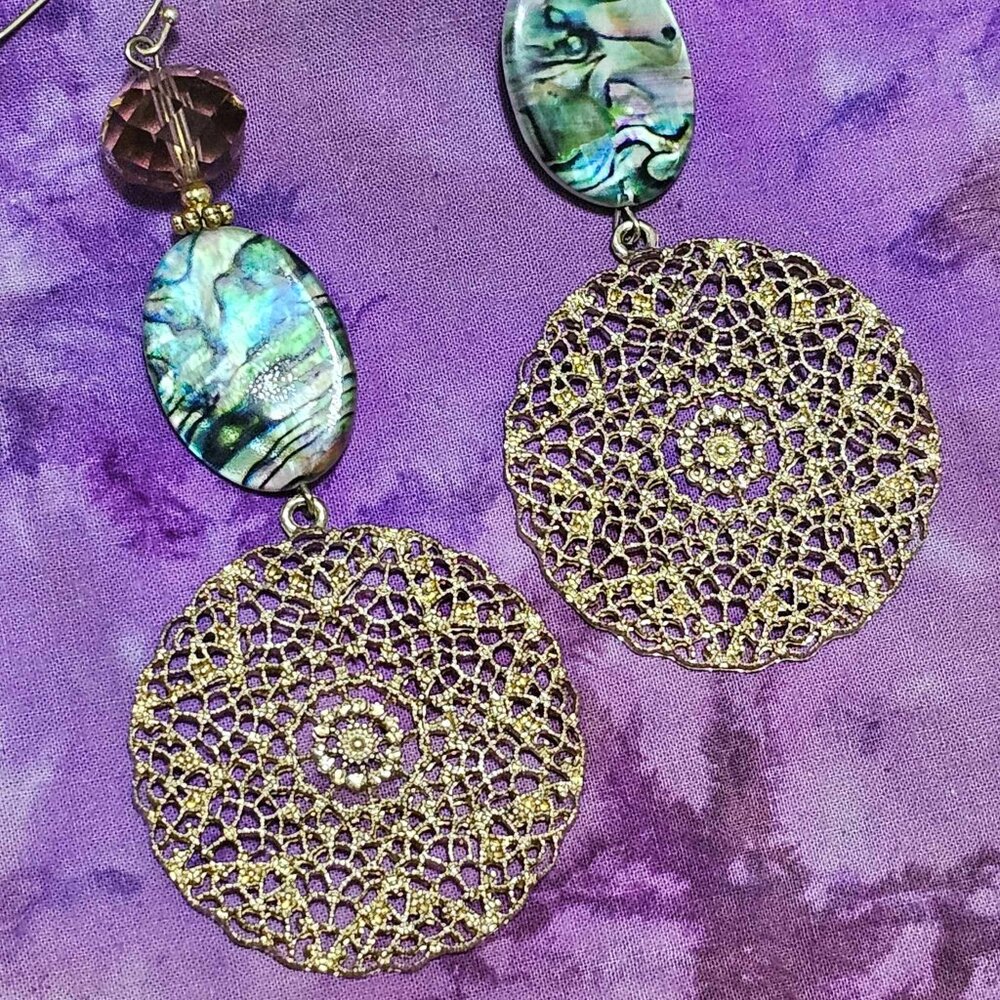 Artisan Earrings. Gold Filigree Medallion. Champagne Pave Crystal. Abalone. - Picture 4 of 6
